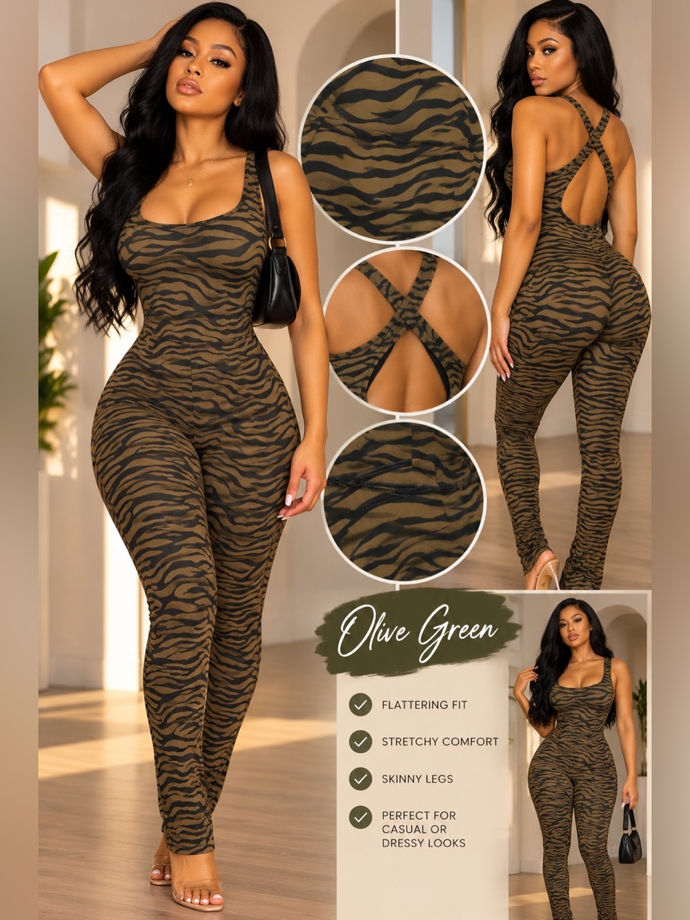 Olive Green Zebra-Print Scoop Neck workout Jumpsuit size medium